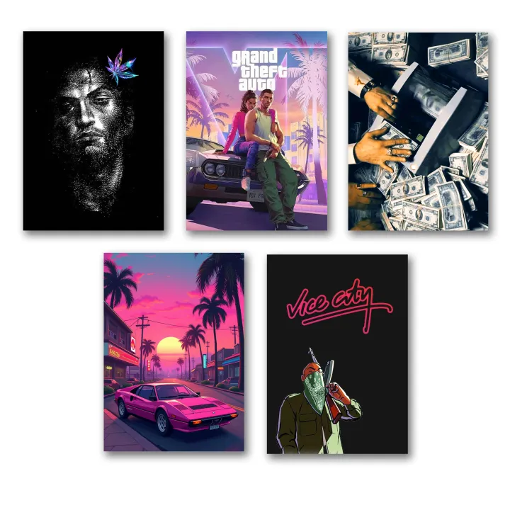 set of 5 motivational GTA vice city vagabond manga money motivation themed room decore