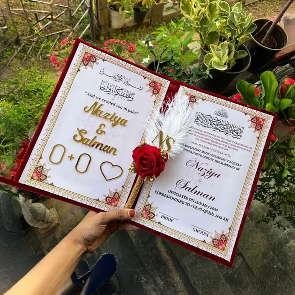 Customize Red Velvet Nikah Booklet with Pen | Premium Personalized Islamic Wedding Gift