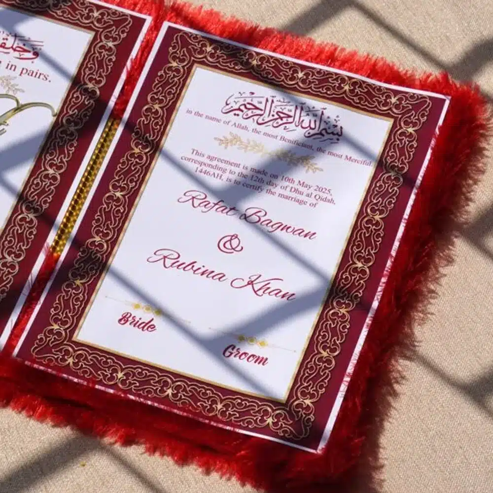 Customize Red Velvet Nikah Booklet with Pen | Premium Personalized Islamic Wedding Gift